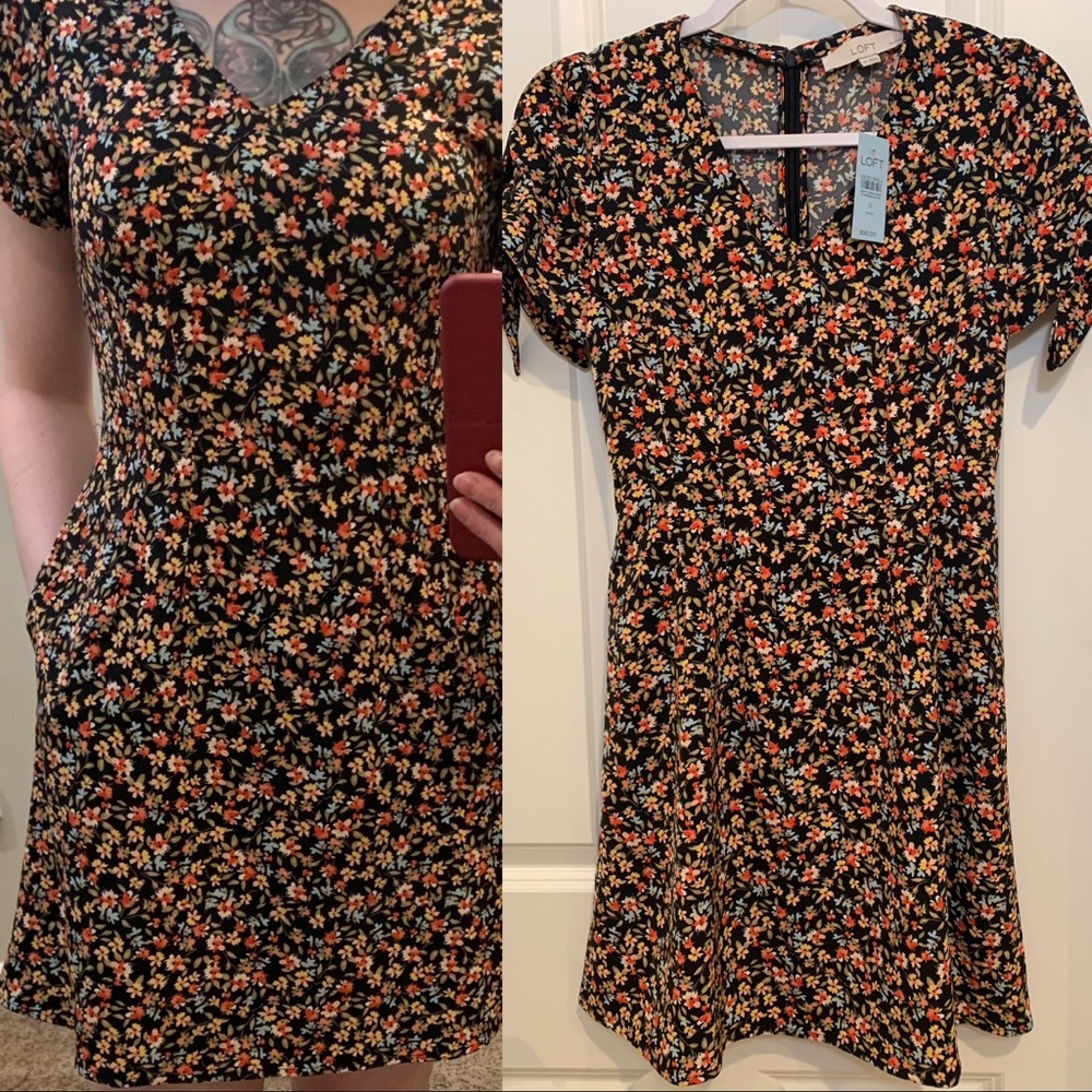 NWT LOFT Floral Mini Dress Tie Sleeve 0P